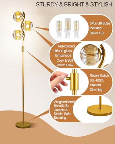 Lightdot 60IN Dimmable Gold Floor Lamp with Glass Globe Mid Century Standing Lamps with 3Pcs 3000K Bulbs Included Modern Tall Lamp with 5Lbs Heavy Iron Base for Bedroom/Sofa Beside/Corner Decor - color: 3 Brown Globe-Gold S