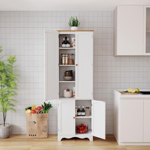 Yusong 72'' Tall Kitchen Pantry Cabinet, Freestanding Storage Cabinet with Doors and Shelves, Wooden Food Pantry Farmhouse Cupboard Buffet for Kitchen Dining Living Room, White - color: White, size: 72"H