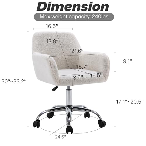 Faux Fur Makeup Vanity Chair,Home Office Desk Chair with Wheels, White | Fluffy Swivel Modern Armchair Upholstered Fuzzy Height Adjustable for Teens Women Girls Elegant for Living Room Bedroom - color: White+plush