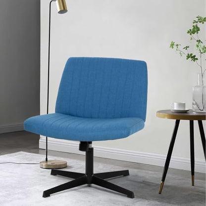 Criss Cross Chair, Armless Cross Legged Office Chair, Comfortable Vanity Chair with Back, Fabric Adjustable Wide Swivel Criss Cross Desk Chair for Home Office, Blue - color: Blue