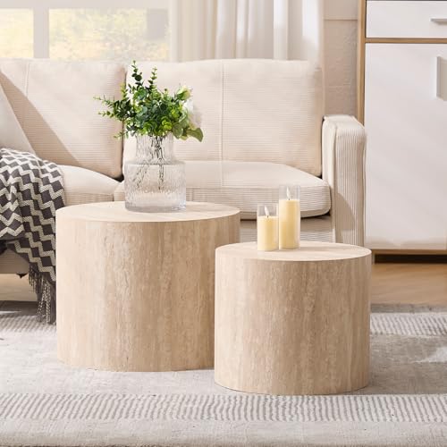 Ya-Home Modern Round Coffee Tables Nesting Table, Wood Set of 2 End Table Side Table for Living Room Balcony Office, No Assembly Required - color: Travertine