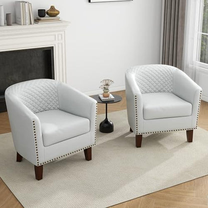Faux Leather Accent Chair, Modern Barrel Club Chair, White | Comfy Upholstered Armchair for Living Room, Round Club Chair Single Sofa Bedroom Reading Seat | 26"D*29"W*29"H - color: White
