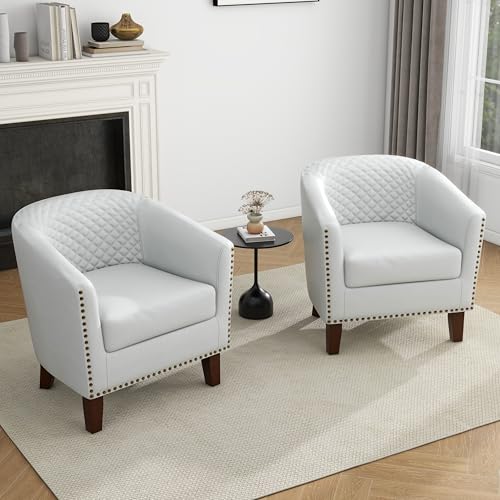Faux Leather Accent Chair, Modern Barrel Club Chair, White | Comfy Upholstered Armchair for Living Room, Round Club Chair Single Sofa Bedroom Reading Seat | 26"D*29"W*29"H - color: White