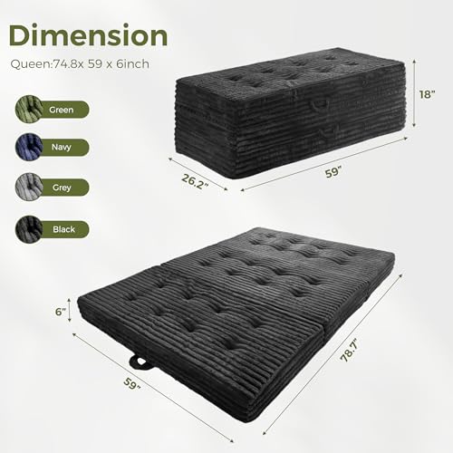 MAXYOYO Folding Sofa Couch Bed, 6 Inch Tri-Fold Floor Sofa Bed, Folding Mattress with Handles, Soft Faux Fur Folding Bed with Supportive Foam Filling, Portable Couch for Living Room, Queen, Black - color: Black, size: Queen