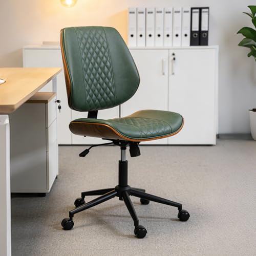 Modern Walnut Home Office Chair, Executive Desk Chair No Arms Green | with Wheels, Adjustable Height, Comfy PU, Deeper Cushion, Mid Back, 360 Swivel Computer Chair - color: Green