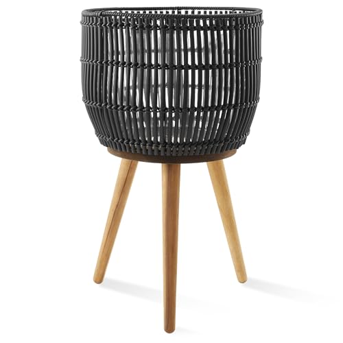 Casafield Indoor Planter with Stand, Black Floor Planter with Wood Legs, Large Plant Pot Cover with Liner for Houseplants, Flower Pots and Trees - color: Black With Natural Legs