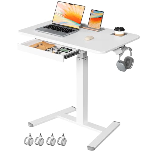 32" Mobile Desk with Drawer, Rolling Standing Desk on Wheels | Height Adjustable Desk with Cup Holder and Hooks, Portable Laptop Cart with Storage for Home Office, White - color: White, size: 32"