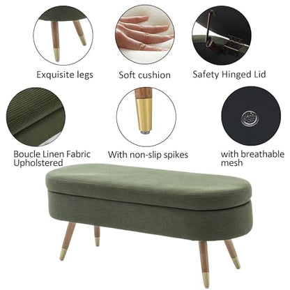 IAFIKE Oval Storage Bench 43.5" Ottoman Bench Upholstered Boucle Fabric Footrest Bench with Golden Metal Legs End of Bed for Bedroom, Living Room, Entryway,Bed Side (Dark Green) - color: Dark Green