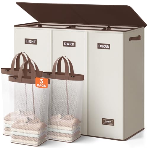 SOLEDI 200L 3-Section Laundry Hamper with Lid, Extra Large Dirty Clothes Basket with Sturdy Handles for Laundry Room & Bedroom - Durable Organizer for Sorting Laundry - color: Off-white, size: 200L