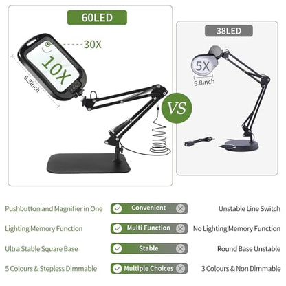 ‌10X 30X Large Square Magnifying Glass with Light and Stand/Clamp | 60 LED Lighted Magnifier, Hands Free 360° Rotatable Desk Lamp for Close Work Reading Craft Hobby Painting Sewing