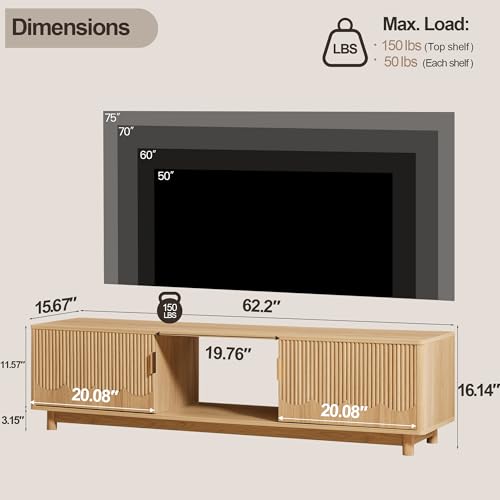 FurSch 62.2" Mid Century Modern Fluted TV Stand, Natural | Low Profile, 3D Slatted & Waved Design Panel, For Living Room Bedroom - color: Natural
