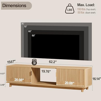 FurSch 62.2" Mid Century Modern Fluted TV Stand, Natural | Low Profile, 3D Slatted & Waved Design Panel, For Living Room Bedroom - color: Natural