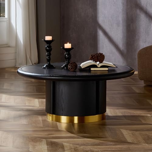 35.43" Round Coffee Table with Sintered Stone Tabletop & Cylindrical Stainless Base, Modern Circle Center Table Tea Table for Living Room, Easy Assembly - Black - color: 35.43" Coffee Table With Sintered Tabletop, Black