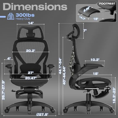X100 Ergonomic Mesh Office Chair with Footrest, Big and Tall Home Desk Chair with 5D Flip-Up Arms, Adjustable 3D Lumbar Support, Gaming & Executive Computer Chair (Night Reaper) - color: Night Reaper