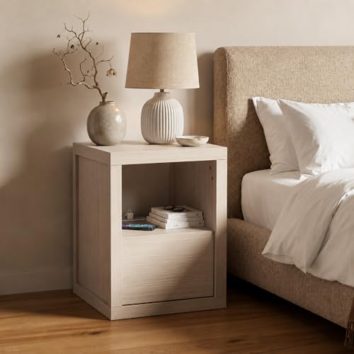 Wabi-sabi Style Nightstand, Modern Bedside Table with Charging Station,Thickened Wood End Table with Drawer Storage & Open Shelf, Night Stand for Bedroom,Light Grey Oak - color: Light Grey Oak