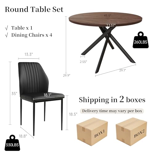HIPIHOM 45.3'' Walnut Round Dining Table Set for 4, Mid Century Modern Small Coffee Set for Dining Room Kitchen Apartment (Dark Walnut Table + 4 Black Chairs) - color: Walnut Table+4 Black Chairs