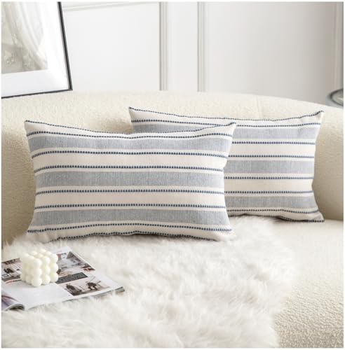 Cethom Decorative Boho Lumbar Throw Pillow Covers, Farmhouse Textured Pillow Case, 12 x 20 Inch Set of 2, Chair Sofa Bedroom Living Room Home Decor Couch Cushion Case, Classic Blue and Beige - color: Classic Blue, size: 20" x 12" (Pack of 2)