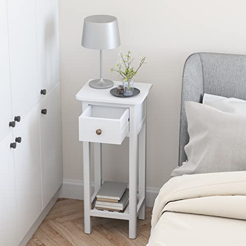 Narrow End Table, Tall Nightstand with Drawer & Shelf, Small Bedside Table w/Anti-Tipping Device, No Assembly, White - color: White