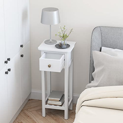 Narrow End Table, Tall Nightstand with Drawer & Shelf, Small Bedside Table w/Anti-Tipping Device, No Assembly, White - color: White