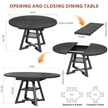 Extendable Dining Table for 4-8, Round Extendable Dining Room Table with Removable Leaf & Storage Shelf, Expandable Oval Kitchen Table with Pedestal Base, Modern Industrial Space Saving (Black) - color: Black