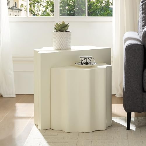 Nesting Coffee Table Set of 2 for Living Room, Modern Circle Center Table with Wavy Edges Design, Accent End Side Table for Small Space, No Need Assembly (Fiberglass, 22.05"+16.93") - color: 22.05"+16.93" Fiberglass, Beige
