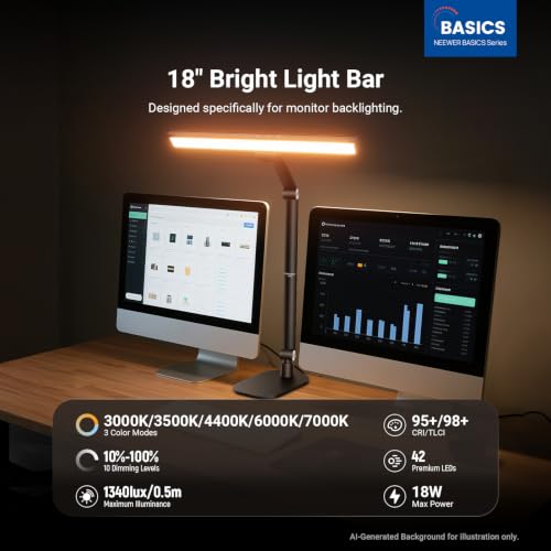 NEEWRE Basics 18" LED Video Light Bar with Base for Desk, 18W Bi Color Eye Friendly Dimmable Overhead Architect Lighting for Video Conference Zoom, 1340lux/0.5m, Touch Control/CRI95+, DL03