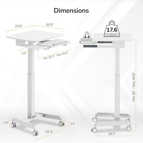 Mount-It! Height Adjustable Rolling Laptop Desk with Keyboard Tray, Mobile Sit-Stand Computer Cart with Wheels, Small Standing Desk for Home, Office, or Classroom, 23.6" x 20.5", White - color: White