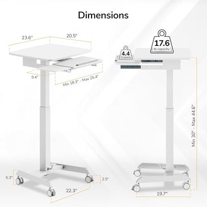 Mount-It! Height Adjustable Rolling Laptop Desk with Keyboard Tray, Mobile Sit-Stand Computer Cart with Wheels, Small Standing Desk for Home, Office, or Classroom, 23.6" x 20.5", White - color: White