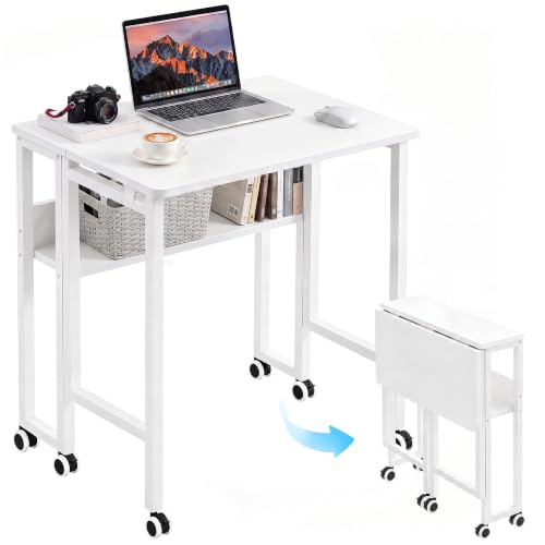 VECELO Folding Desk with Upgraded Wheels, 24.8 Inch Rolling Computer Table with Storage Shelf, Space Saving Sofa Table, Portable Mobile Workstation for Small Spaces, Easy Assembly, White - color: White