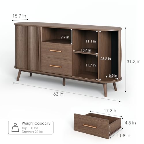Jiansu furni,63" Fluted Sideboard Buffet Cabinet with Storage,Walnut Mid-Century Modern Coffee Bar Station for Dining Room,Wood Accent Storage Cabinet& Credenza with Drawers for Liquor, Wine - color: Walnut_2 Doors&drawers