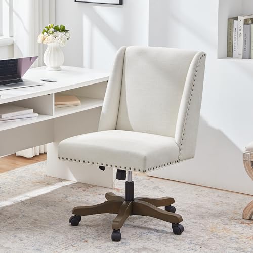 Upholstered Armless Office Chair Fabric Swivel Home Desk Chair with Wheels | Modern Comfy Boho Office Chair with Wooden Legs Adjustable Desk Chair no Arms for Sewing Women Farmhouse Study Studio Beige - color: Beige