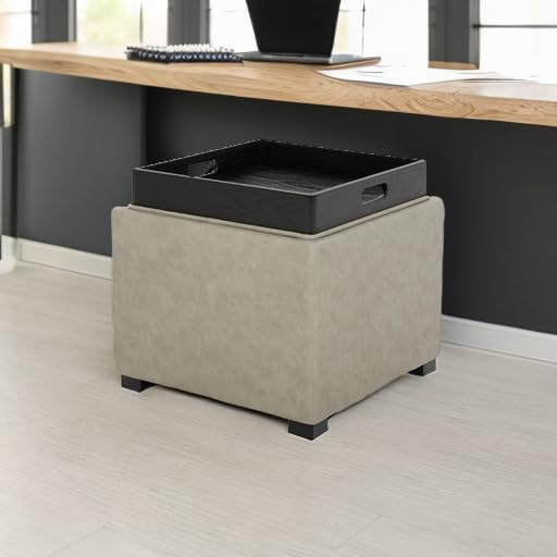 CHITA Storage Ottoman Cube with Tray Lid, Small Footstool with Storage, Square End Table for Living Room and Bedroom, Faux Leather in Stone Gray - color: Stone Gray