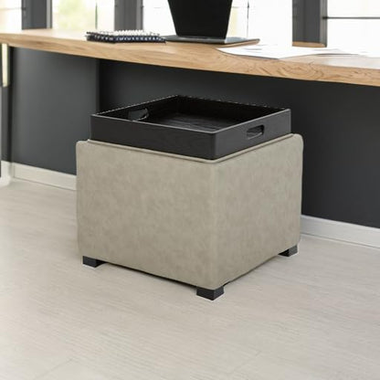 CHITA Storage Ottoman Cube with Tray Lid, Small Footstool with Storage, Square End Table for Living Room and Bedroom, Faux Leather in Stone Gray - color: Stone Gray