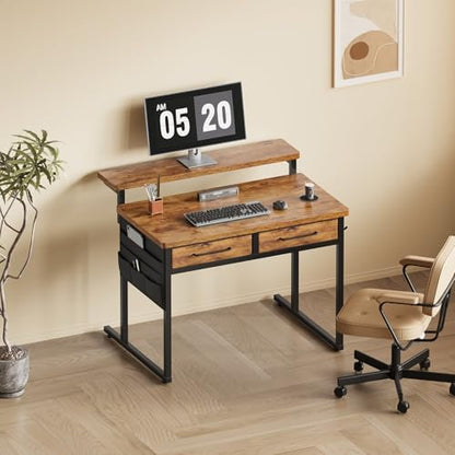 Small Desk with Drawers, 31.5X15.8-22.9 Inches Office Computer Desk with Side Pocket & Ergonomic Monitor Stand, Writing Table for Small Spaces, Bedroom, Kids Desk, Vanity Desk, Rustic Brown