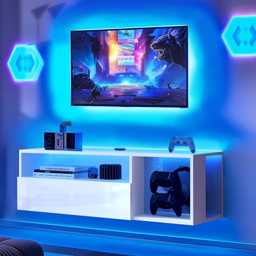 sogesfurniture 39.3'' TV Stand, Floating Entertainment Center with Lights, Modern Media Console with Storage, Wall Mounted LED TV Stand for Living Room, White - size: 39.3''-White