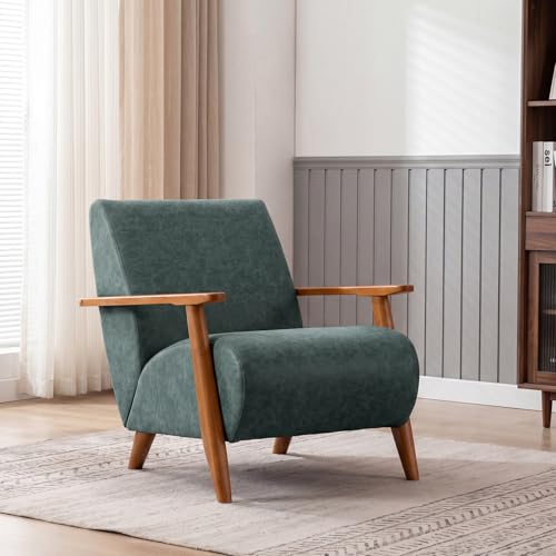 Home Accent Chair Mid Century Modern Accent Chair with Wood Frame, Faux Leather Upholstered Armchair, Reading Chair, for Living Room, Bedroom,Office,Comfy Guest Waiting Room Chairs Blue - color: Blue, size: Faux Leather