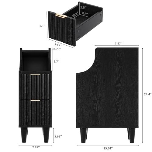 Fluted Nightstands Set of 2,Narrow Bedside Table with 2 Drawers & Storage, Farmhouse Walnut End Table Modern Side Table for Bedroom Livingroom Sofa Office, Small Space - color: Black,7.9" With 2 Drawers