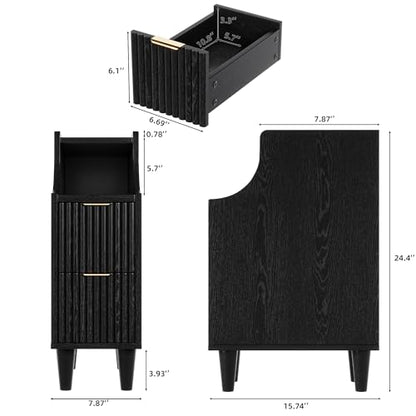 Fluted Nightstands Set of 2,Narrow Bedside Table with 2 Drawers & Storage, Farmhouse Walnut End Table Modern Side Table for Bedroom Livingroom Sofa Office, Small Space - color: Black,7.9" With 2 Drawers