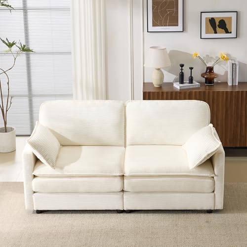 69.3" Plush Cloud Loveseat Sofa, Modular 2-Seater Sectional Couch, 22" Chenille Cushions & 2 Pillows, Corduroy Upholstered Sofa for Living Room Bedroom Apartment, Beige