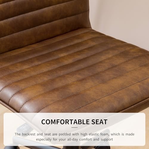 Furnimart Armless Swivel Rolling Desk Chair, Adjustable Faux Leather Vanity Chair with Gold Legs, Cute Task Chair with Wheels for Living Room Bedroom Studying Small Places (Leather-DustYellow) - color: Dust Brown-faux Leather