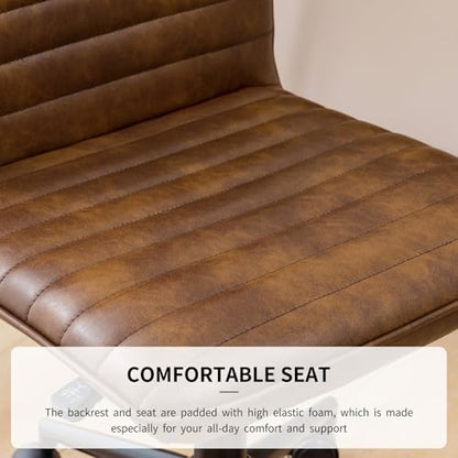 Furnimart Armless Swivel Rolling Desk Chair, Adjustable Faux Leather Vanity Chair with Gold Legs, Cute Task Chair with Wheels for Living Room Bedroom Studying Small Places (Leather-DustYellow) - color: Dust Brown-faux Leather