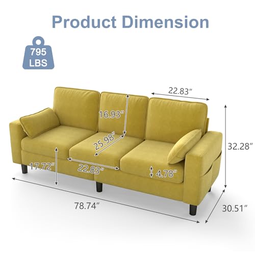 KINTNESS 78” 3 Seater Sofa Couch for Living Room, Modern Sectional Sofa with Deep Seat & Armrest Pillow, Comfy Sofa Set for Bedroom, Apartment and Office, Removable Covers, Non-Slip, Yellow | COTTON - size: 3 seater
