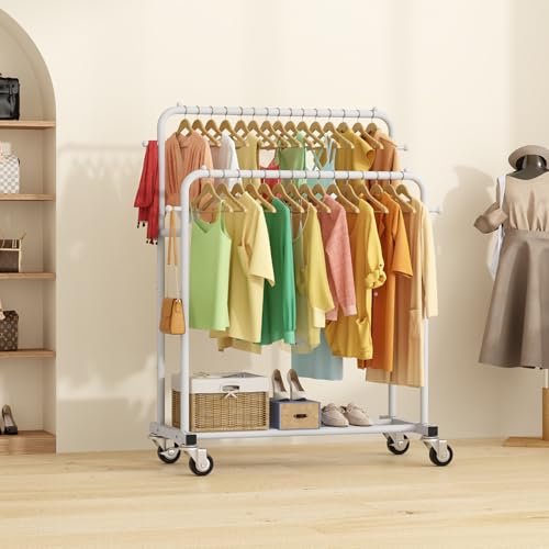 Laiensia Double Rods Garment Rack with Wheels, Clothing Rack for Hanging Clothes,4 Hooks, Multi-functional Bedroom Clothes Rack, White - color: White