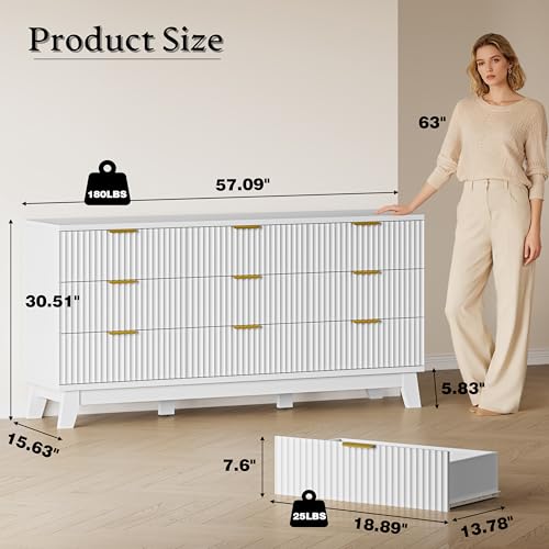 BORNOON Fluted 9 Drawer Dresser, 57.1" Wide Modern Boho Chest of Drawers, Wooden Storage Dresser TV Stand for Bedroom, Living Room, Closet, Hallway, Curved Profile Design - color: Pure White, size: 9 Drawers