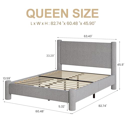 REVOMINCA Queen Boucle Bed Frame with Headboard & Footboard, Light Grey | Upholstered platform frame has soft rounded corners, needs no box spring, and features easy assembly. - color: Grey, size: Queen