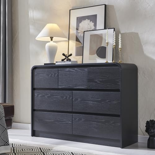 Aitjunz Modern 7 Drawers Dresser for Bedroom, 47" Wide Wood Dressers & Chests of Drawers w/Curved Profile Design, Mid Century Modern Dresser w/Natural Texture for Bedroom, Living Room, Black - color: Black, size: 15.5"D x 47.2"W x 33.9"H (7 Drawers)