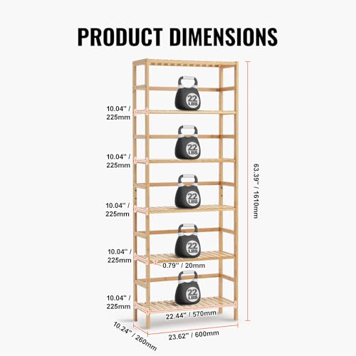 VEVOR 6-Tier Bamboo Shelf, Open Wood Bookshelf, Display Storage Rack Organizer, Freestanding Flower Plant Stand, Multifunctional Bamboo Bookshelf Ideal for Bathroom, Bedroom, Office, Study, Natural - style: 6-Tier