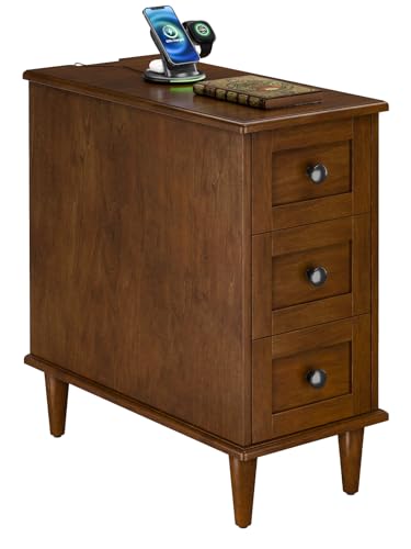 3-Drawer End Table with Built-in Charging Station, No Assembly Required Narrow Side Table with Outlets and USB Ports, Slim Nightstand for Living Room, Bedroom, Entryway (1, Cherry) - color: Cherry, size: 1 Piece