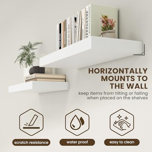 12 Inch Deep Floating Shelves, 12'' x 12'' White Shelves Set of 2 | Invisible Brackets, Engineered Wood, Mounting Hardware Included, 30LBS, Bathroom, Laundry Room, Kitchen, Living Room - color: White, size: 12W x 11.6D x 2H, 2 Pack
