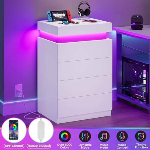 ADORNEVE White Night Stand Set of 2 with Sliding Top | Nightstand with Charging Station & LED Light,Bedside Table with Drawers,Modern Bed Side Tables Bedroom - color: White, size: 2PC
